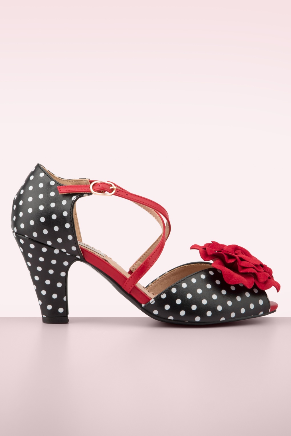 273077-Banned-51952-Pumps-Peeptoe-Rose-Red-Black-Polka-Dot-Crossed-Strap-250306-001W-full